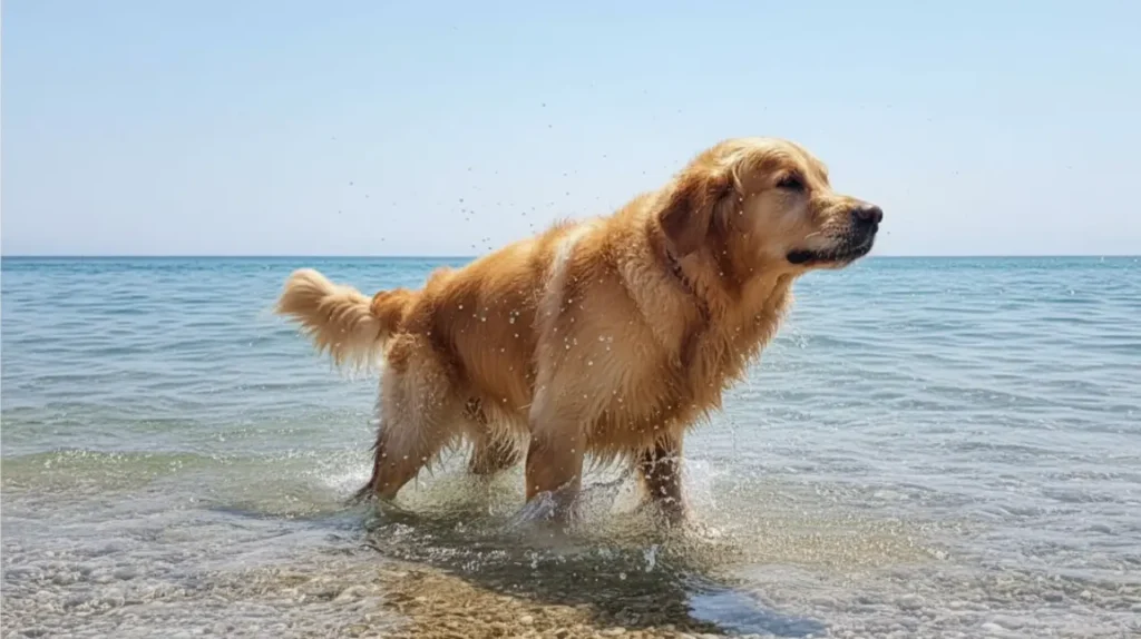 diakopes me skylο thalassa pawvolta Σκύλος Golden Retriever απολαμβάνει το μπάνιο του σε καθαρή ελληνική παραλία με γαλαζοπράσινα νερά.