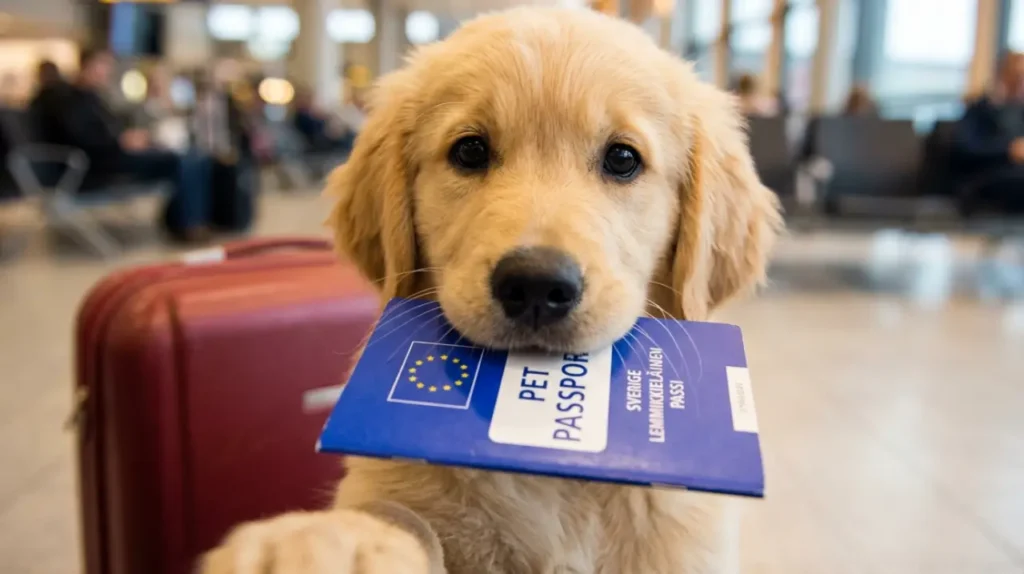 Κοντινό πλάνο ενός κουταβιού Golden Retriever που κρατάει στο στόμα του ένα μπλε ευρωπαϊκό διαβατήριο σκύλου μέσα σε αεροδρόμιο.