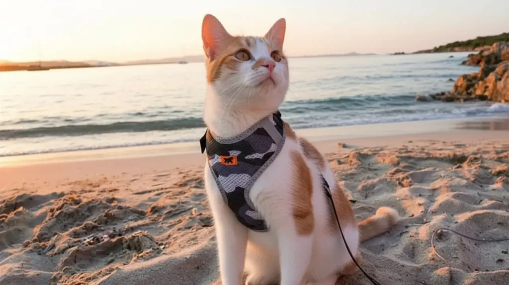 taksidi me gata diakopes pawvolta Κοντινό πλάνο μιας γάτας με λουρί που κοιτάζει με περιέργεια το ηλιοβασίλεμα σε μια ήρεμη παραλία.