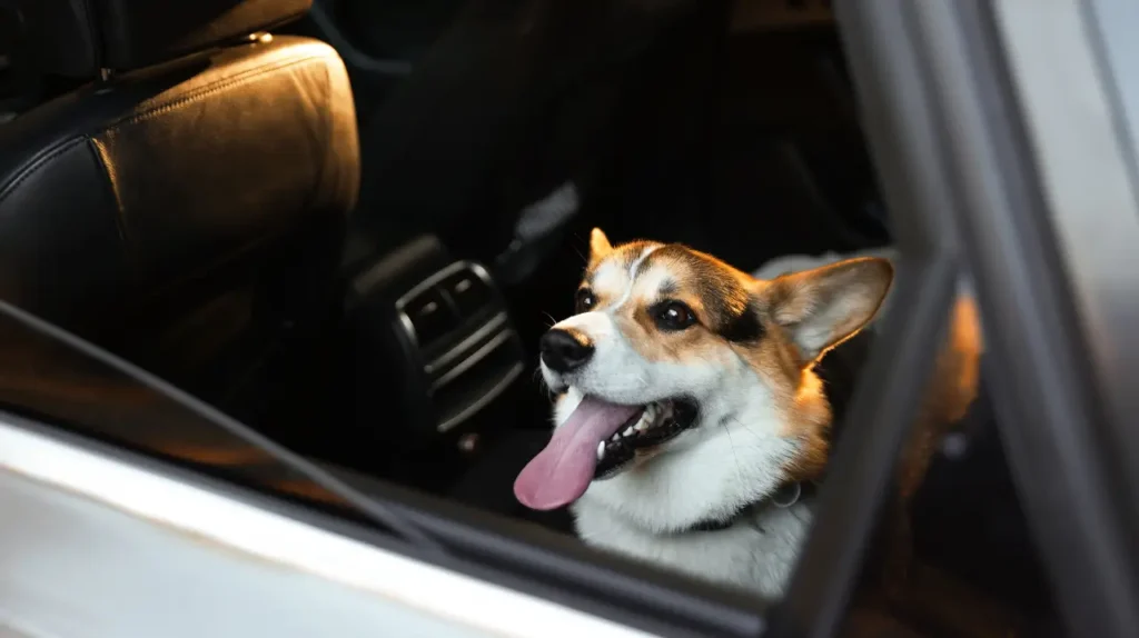 Χαρούμενος σκύλος ράτσας Corgi με ανοιχτό στόμα κάθεται με ασφάλεια στα πίσω καθίσματα αυτοκινήτου κατά τη διάρκεια ταξιδιού.