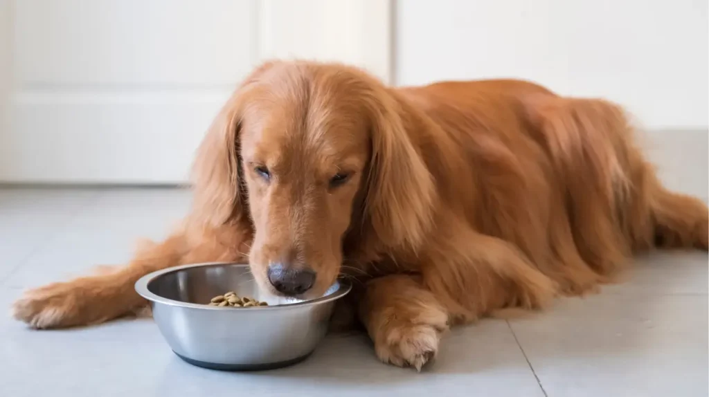 Ένας σκύλος ράτσας Golden Retriever είναι ξαπλωμένος στο πάτωμα και τρώει ήρεμος ξηρά τροφή από ένα μεταλλικό μπολ.