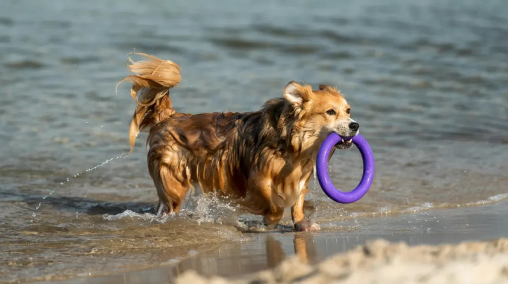 dog playing in water sea toy Μικρόσωμος καφέ σκύλος που τρέχει στα ρηχά νερά της θάλασσας κρατώντας ένα μωβ παιχνίδι στο στόμα.