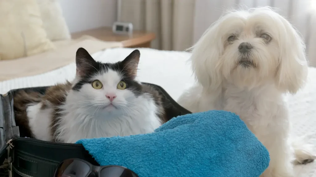 Γάτα και σκύλος μέσα σε βαλίτσα ταξιδιού έτοιμοι για εξόρμηση