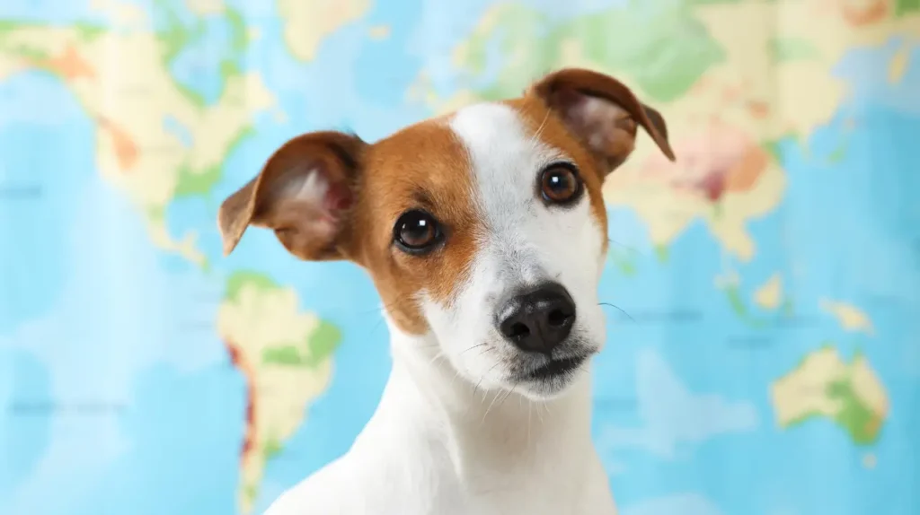 Ένα μικρό Jack Russell Terrier μπροστά από έναν παγκόσμιο χάρτη για την Παγκόσμια Ημέρα Σκύλου.