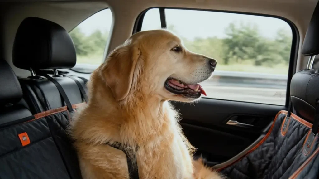 Golden Retriever με μαύρο σαμάρι που κοιτάζει έξω από το παράθυρο του αυτοκινήτου καθισμένος σε προστατευτική αιώρα.