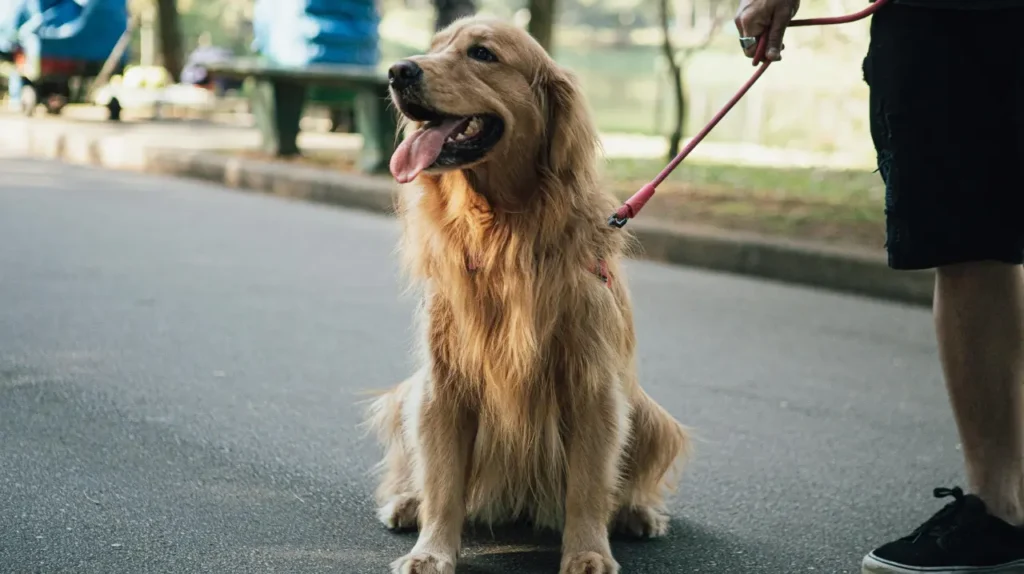 golden retriever dog on leash outdoor walk Χαρούμενος σκύλος Golden Retriever καθισμένος σε πεζόδρομο κατά τη διάρκεια βόλτας με λουρί.