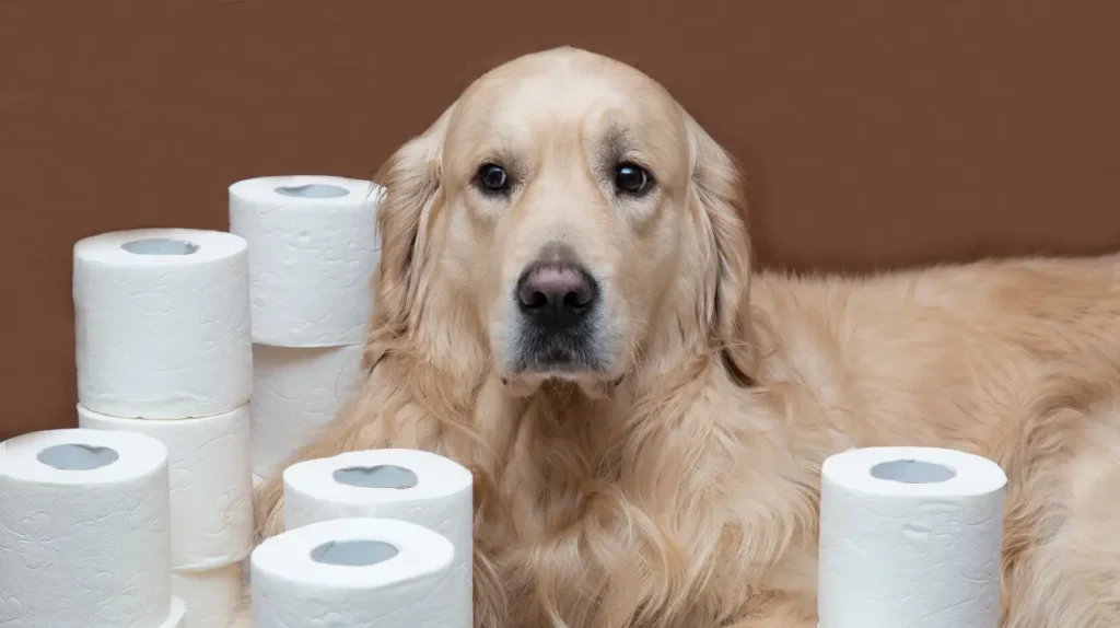 golden retriever dog with toilet paper rolls Σκύλος Golden Retriever ξαπλωμένος δίπλα σε ρολά χαρτιού υγείας.