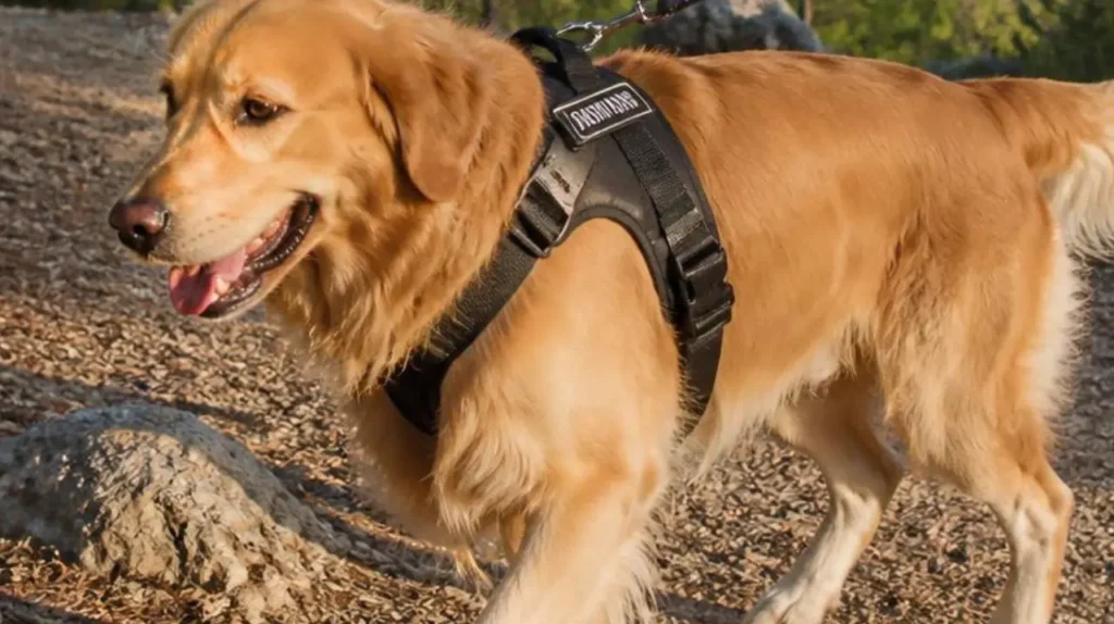 Golden Retriever που περπατάει σε ορεινό μονοπάτι φοράγοντας μαύρο ανατομικό σαμάρι.