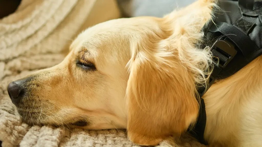 Golden Retriever με μαύρο σαμάρι που κοιμάται ήρεμα πάνω σε μαλακή κουβέρτα μέσα σε δωμάτιο.