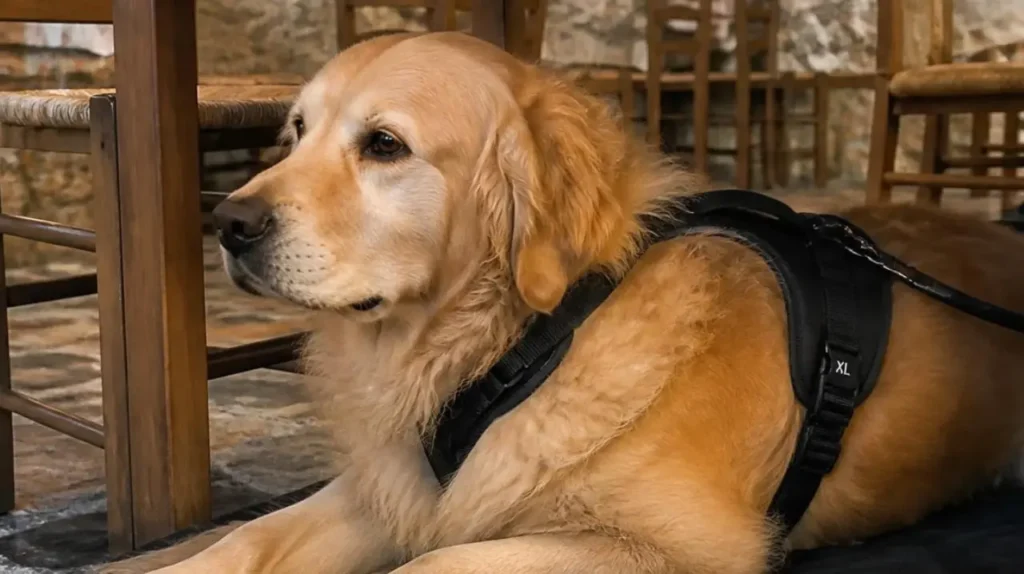 Golden Retriever με μαύρο σαμάρι που ξαπλώνει ήρεμα σε φορητό υπόστρωμα κάτω από ξύλινο τραπέζι παραδοσιακής ταβέρνας.