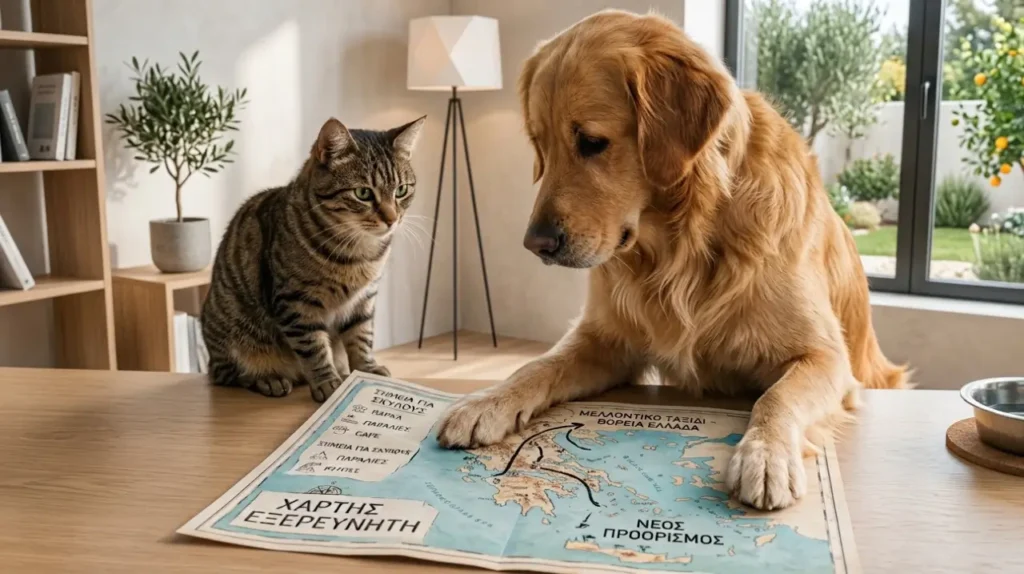 Golden Retriever και γάτα μελέτουν χάρτη της Ελλάδας πάνω σε ξύλινο τραπέζι σε ένα φωτεινό, σύγχρονο σπίτι.