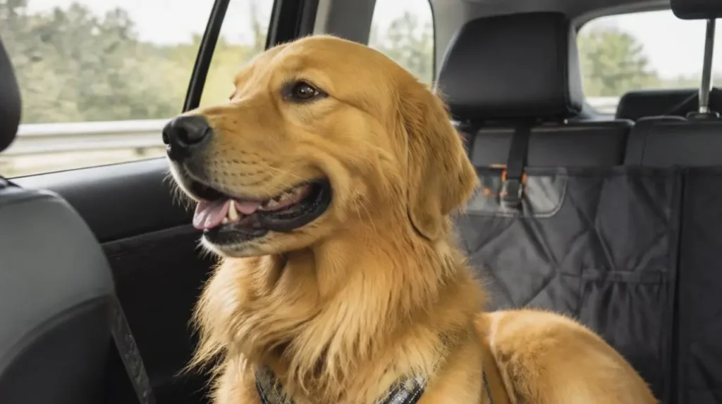 Golden Retriever που κάθεται χαμογελαστό στο πίσω κάθισμα αυτοκινήτου με προστατευτικό κάλυμμα.