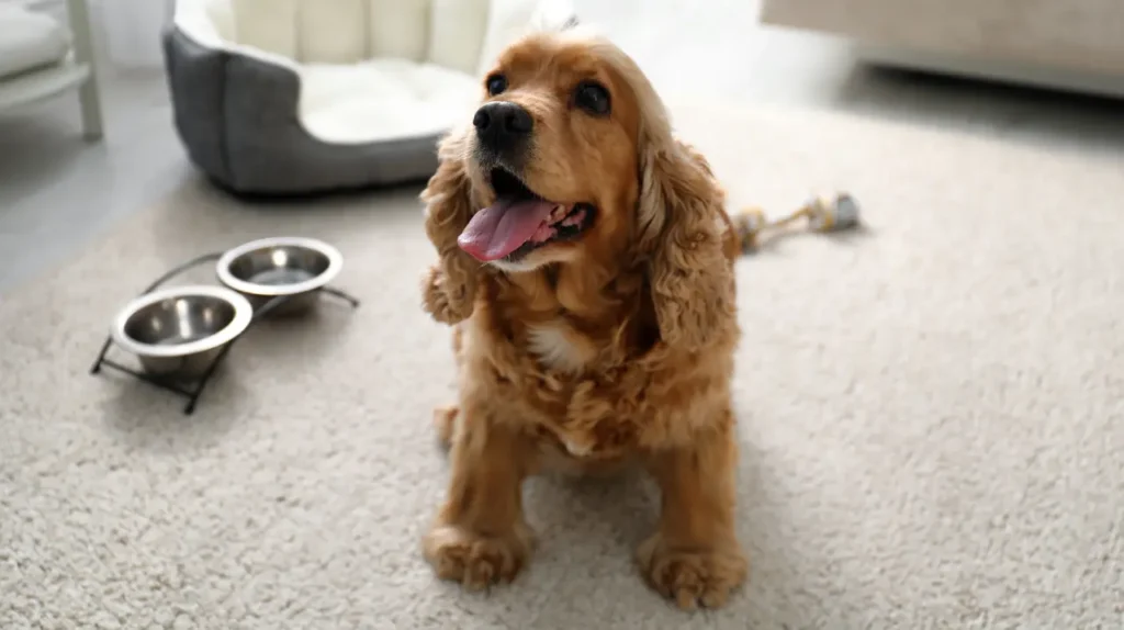 Σκύλος Cocker Spaniel δίπλα σε μπολ φαγητού και κρεβατάκι κατοικιδίου