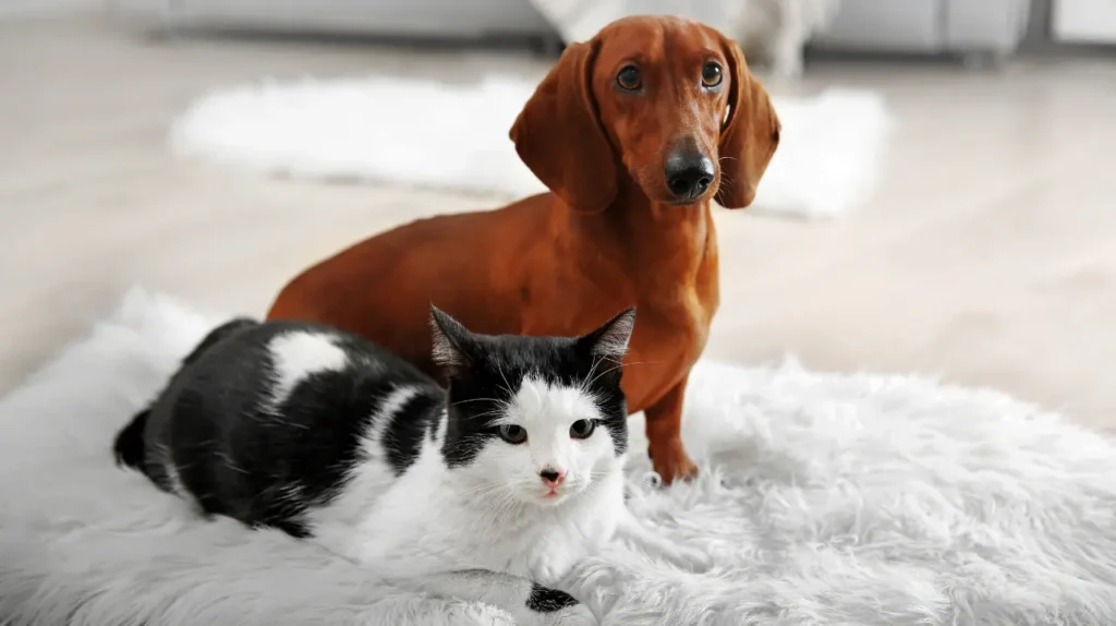dachshund dog black white cat rug dachshund dog blackΣκύλος Dachshund και ασπρόμαυρη γάτα σε χνουδωτό λευκό χαλί white cat rug