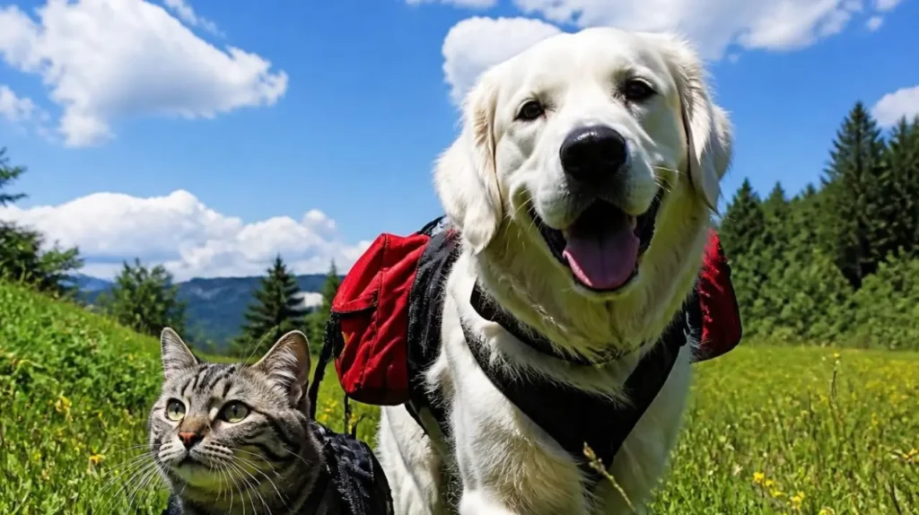 Χαρούμενος σκύλος Golden Retriever με ταξιδιωτικό σακίδιο και ραβδωτή γάτα έξω στη φύση