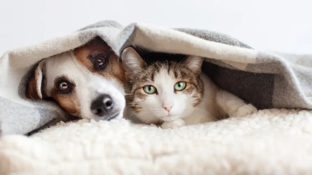 dog and cat under blanket animal welfare Σκύλος και γάτα χωμένοι μαζί κάτω από μια κουβέρτα