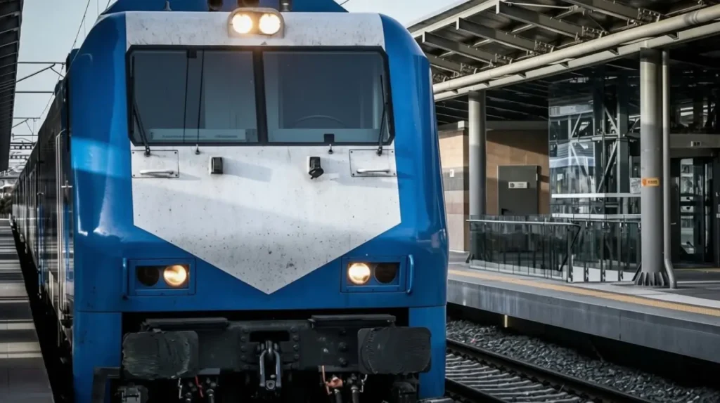 Μπλε αμαξοστοιχία τρένου στον σιδηροδρομικό σταθμό